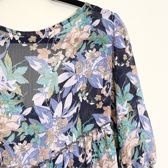 Express Women's Blue Floral V-Neck 3/4 Sleeve Tiered Cardigan Cover-Up Top Large - Picture 7 of 13